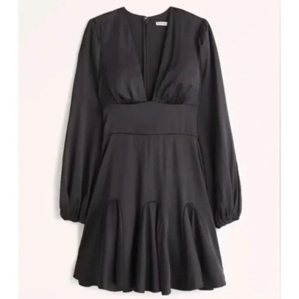 Abercrombie & Fitch Long Sleeve Black Satin Plunge Mini Dress L